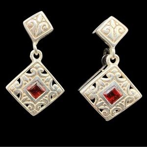 Vintage Sterling Silver 925 Garnet Filigree Drop Earrings